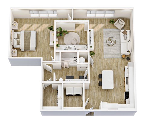 Floor plan for 1 bed, 1 bath, 1077 sqft